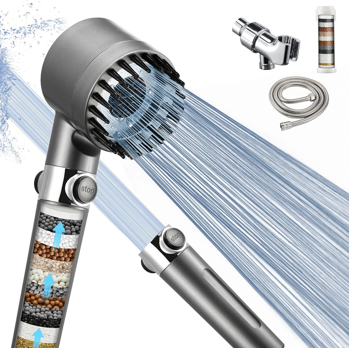 Iopsk Fitered Shower Head with Handheld for Hard Water, High Pressure Handheld Shower Heads with on off Switch, Showerhead with Long Hose(Gun Grey,2 Filters)