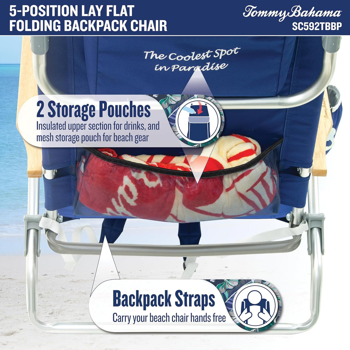 Tommy Bahama 5-Position Classic Lay Flat Folding Backpack Beach Chair, Polyester, Navy