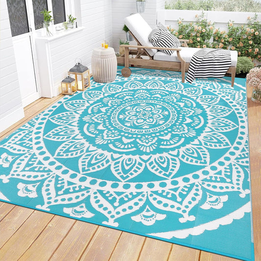 Bsmathom Waterproof Outdoor Rug 9X12Ft Large Reversible Boho Plastic Straw Patio Deck Camping Rugs, Indoor Outdoor Portable RV Mat Carpet for Outside, Porch, Balcony, Backyard, Beach, Pool,Teal
