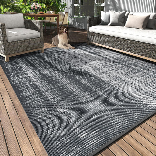 Montvoo Outdoor Rug Waterproof 6X9 Ft Outdoor Carpet Patio Rug Mat Reversible RV Camping Rug Plastic Straw outside Rug for Balcony Porch Deck Picnic Beach Modern Grey