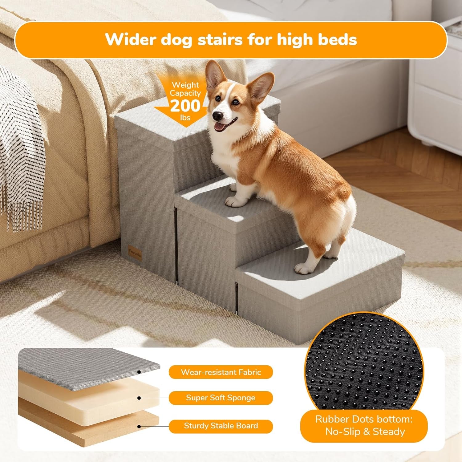 3-Step Wide Dog Stairs with Hidden Storage 18" H, Non-Slip Dog Steps for High Bed Couch Window Car, Jiont-Friendly Pet Stairs Ramp for Small/Medium/Large Old Dogs Cats up to 200Lbs, Grey