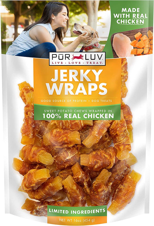 Pur Luv Chicken Wrapped Sweet Potato Dog Treats, Rawhide Free Jerky Wraps, Made with Real Chicken, 16 Oz, Healthy, Easily Digestible, Long Lasting, High Protein Treat, Satisfies Dog'S Urge to Chew