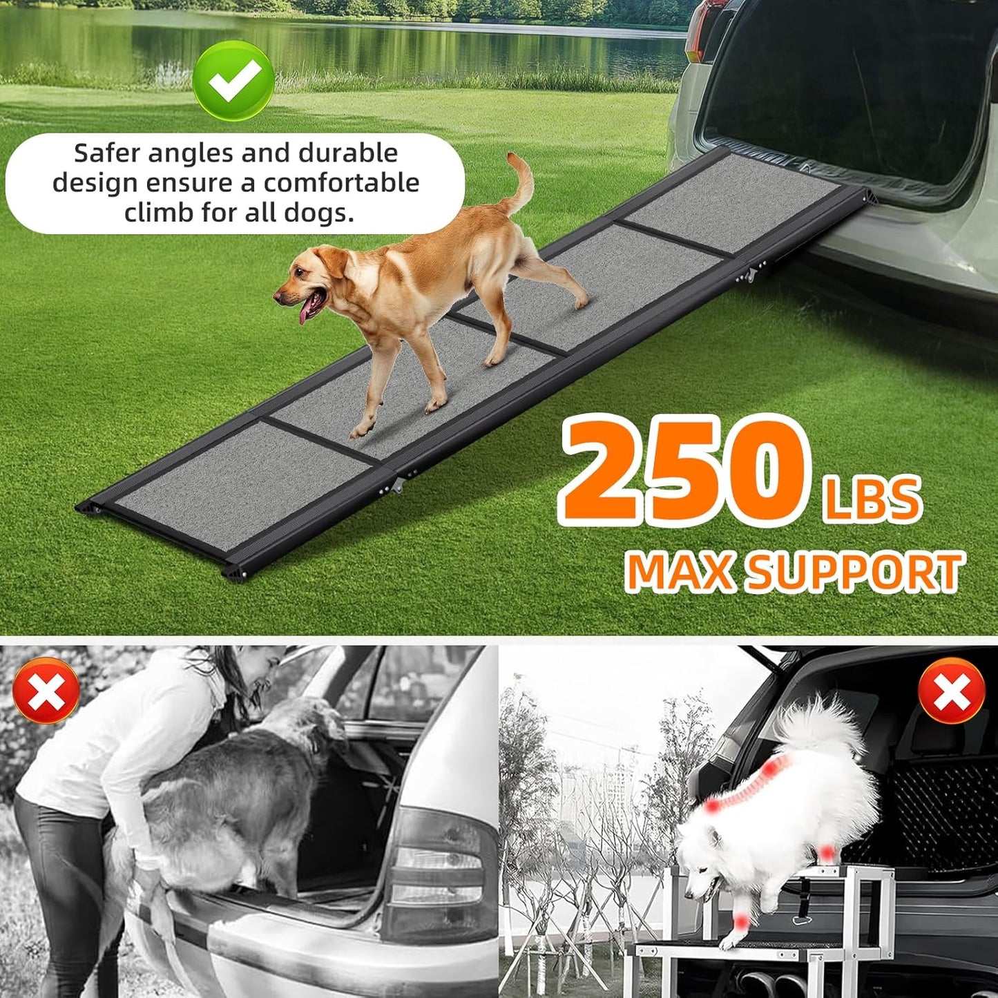 Dog Ramp for Car 𝟕𝟏”𝐱𝟐𝟎” Large Folding Pet Stair Ramps for Truck, SUV, with Non-Slip Surface, up to 250LBS, Outdoor Dog Car Ramp for Medium & Large Dogs, Portable Pet Steps