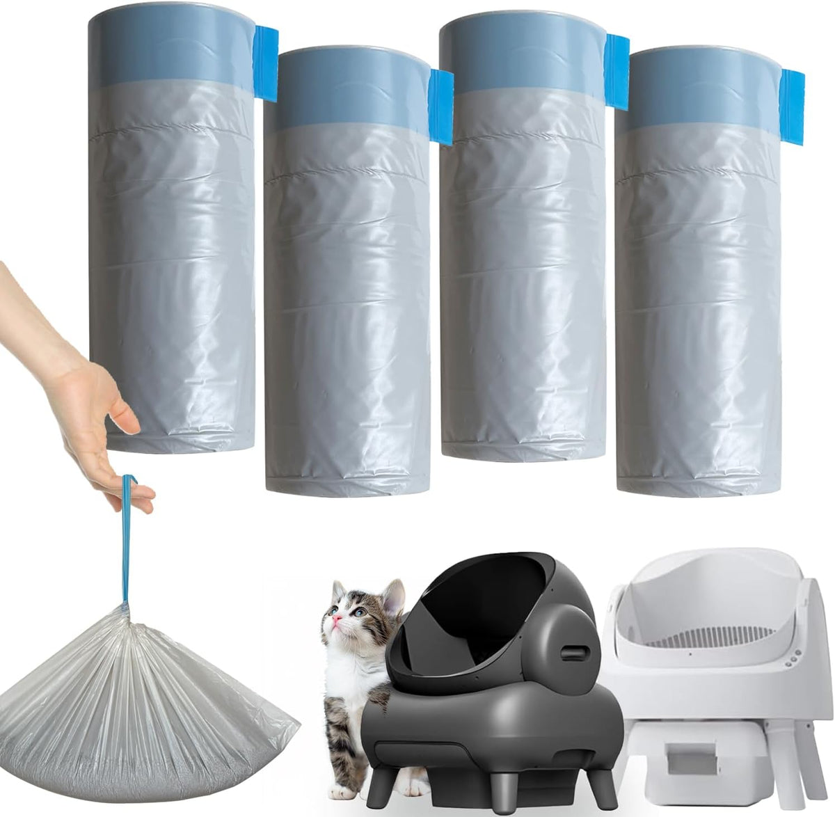 80 Count Litter Bags Compatible with Neakasa M1 & Petpivot Autoscooper 11, 27 × 13 in Drawstring Waste Drawer Liners for Open-Top Self-Cleaning Cat Litter Boxes, 4 Rolls