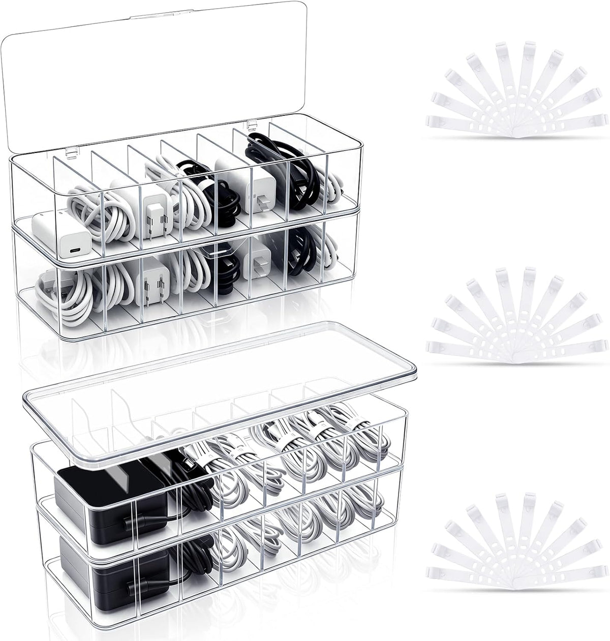 Cheardia 4 Pack Cable Organizer Box with Wire Ties, 2 Style Plastic Cord Storage Box, 10 in Adjustable Clear Charger Organizer with Lid for Electronics Office Home Desk Accessories