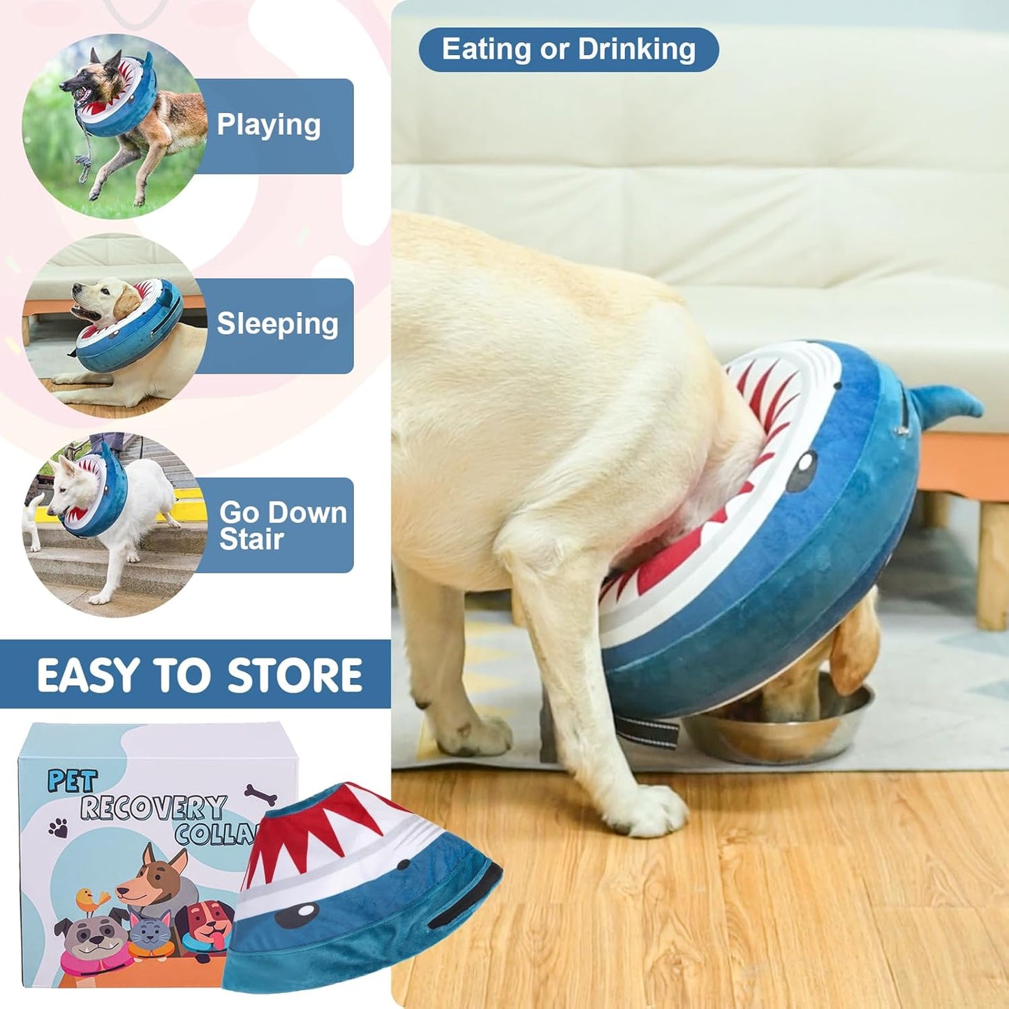 BEAUTYZOO Dog Cone Alternative after Surgery for Large Medium Small Dogs, Soft Inflatable Cone Collar for Dogs Cats, Dog Neck Donut E Collar Dogs Recovery Collar to Stop Licking, Shark Blue, M