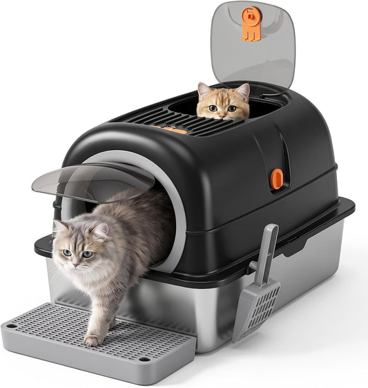 Enclosed Cat Litter Box, Stainless Steel Litter Box with Lid, Black