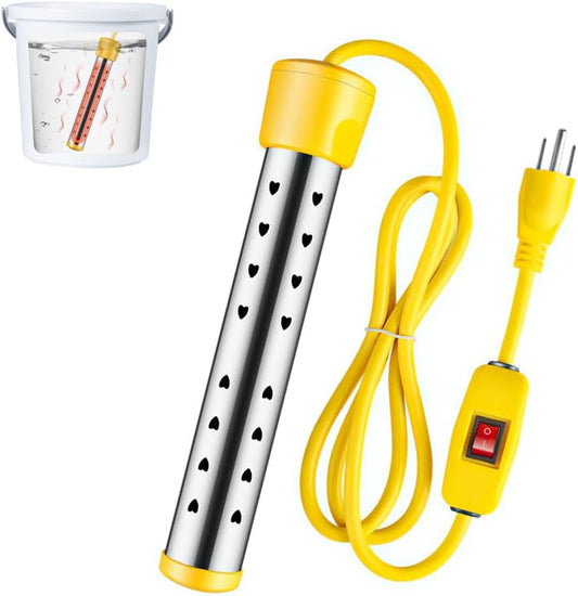 Immersion Water Heater Electric, 1500W Bucket Heater with 304 Stainless Steel, Automatic Power Off, Fast Heating Submersible Water Heater for Bucket Bathtubs and Basin, Yellow