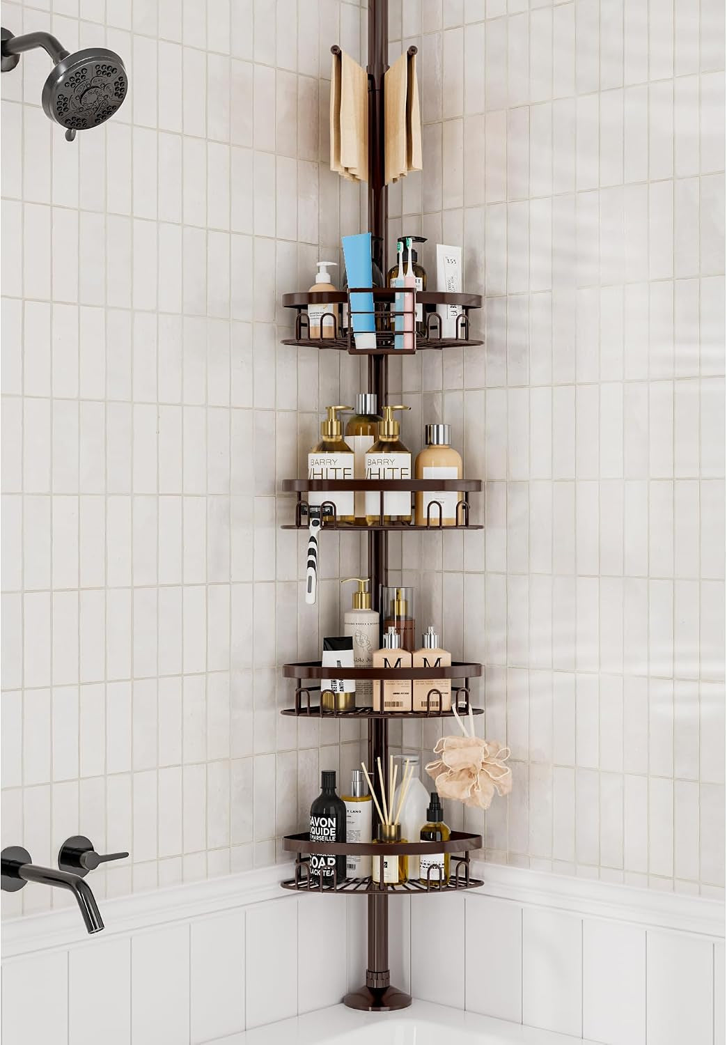 Rustproof Shower Corner Caddy Shelf for Bathroom Tension Pole Organizer with 4 Baskets for Bathtub Shampoo Storage from 23.6 to 114.5 Inch with Towel Bar (Bronze)