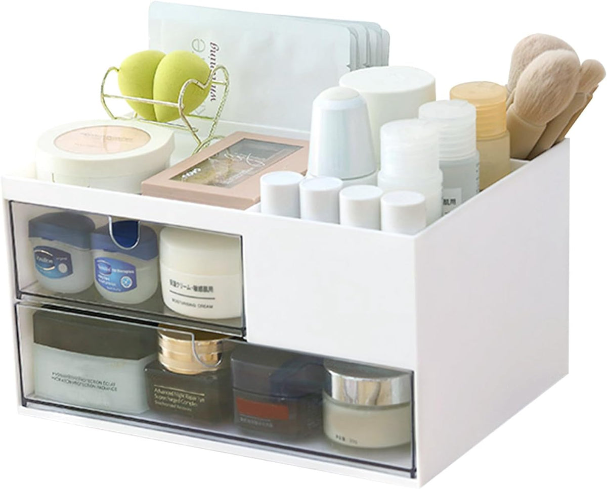 MILULUGO Makeup Organizer with 2 Drawers, Desk Organizer, 4 Compartments, Cosmetics Storage Box for Nail Polish,Lipstick, Brushes, Jewelry, Skincare, Bathroom Organization Boxes - White