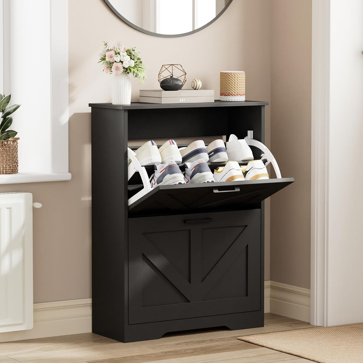 Homleke Farmhouse Shoe Cabinet for Entryway, 2 Barn-Style Flip Drawers