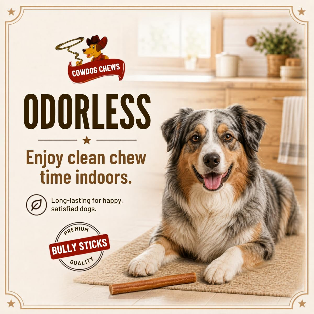 Cowdog Chews Beef Bully Stick: Odor-Free, Fully Digestible Beef Collagen Chews (5-7", 10 Count) - Natural, Grain-Free, Long-Lasting Collagen Bully Stick Substitute for All Dog Breeds
