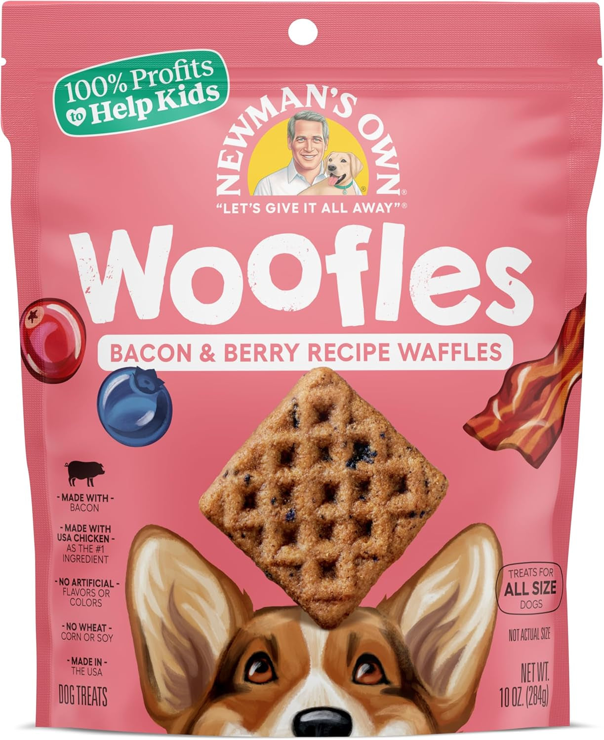 Newman'S Own Bacon & Berry Woofles Waffle Dog Treats, 10 Oz Bag (Pack of 6) — Soft & Chewy Waffles, No Artificial Flavors or Colors, Wholesome Training Rewards, Made in USA
