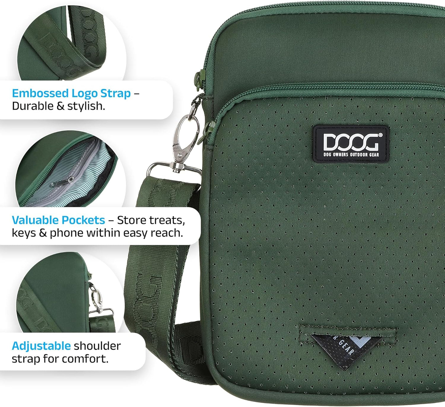 DOOG Neosport Walkie Bag - Lightweight Neoprene Dog Treat Pouch & Crossbody Shoulder Bag with Built-In Poop Bag Dispenser - Hands-Free Everyday Essentials - Green