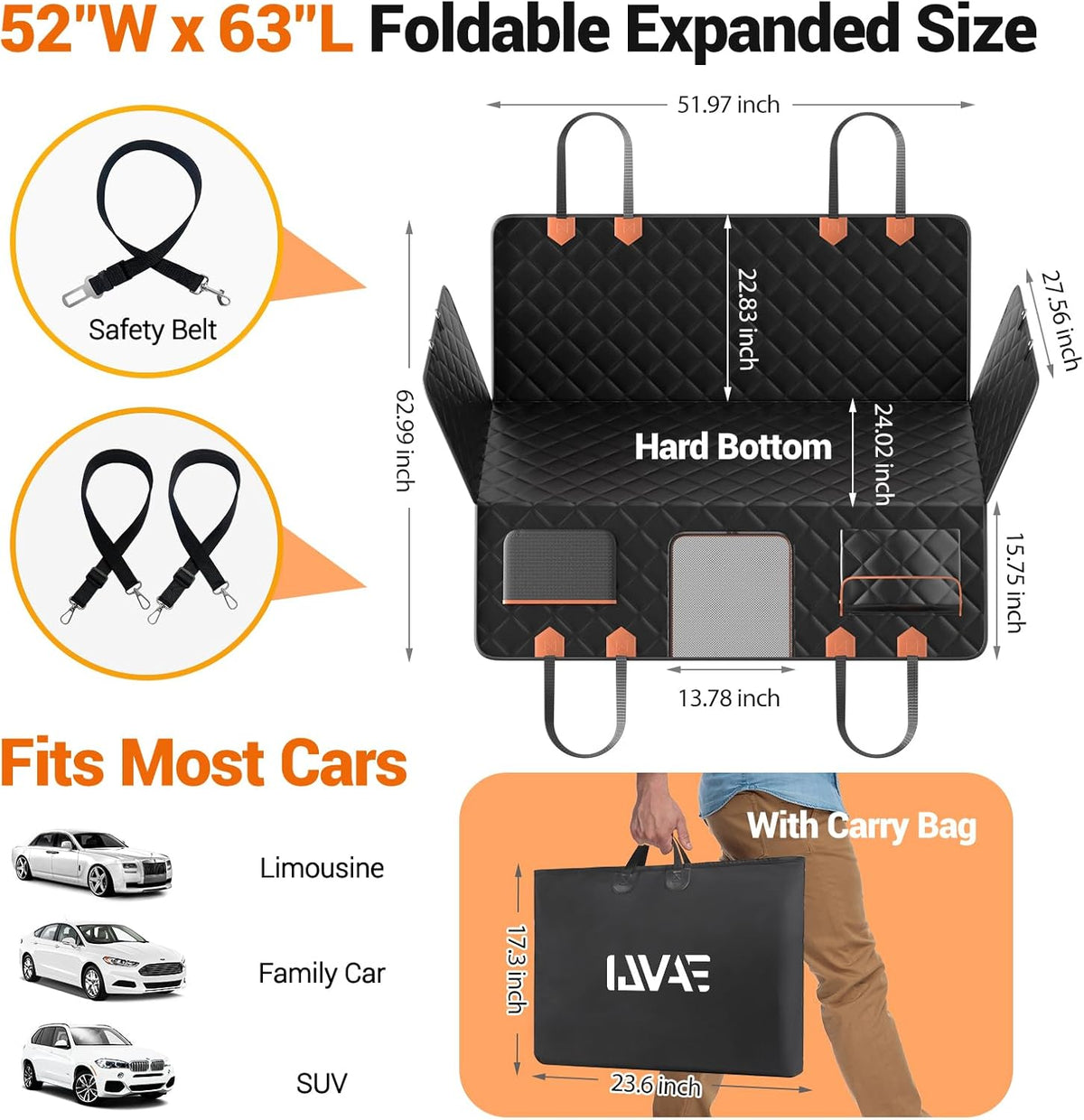 IJVAE Dog Seat Cover for Back Seat, Hard Bottom Back Seat Extender Holds 500 Lbs, Waterproof & Nonslip Car Hammock for Large Pets, Comfortable Travel Seat Protector for SUV and Sedan