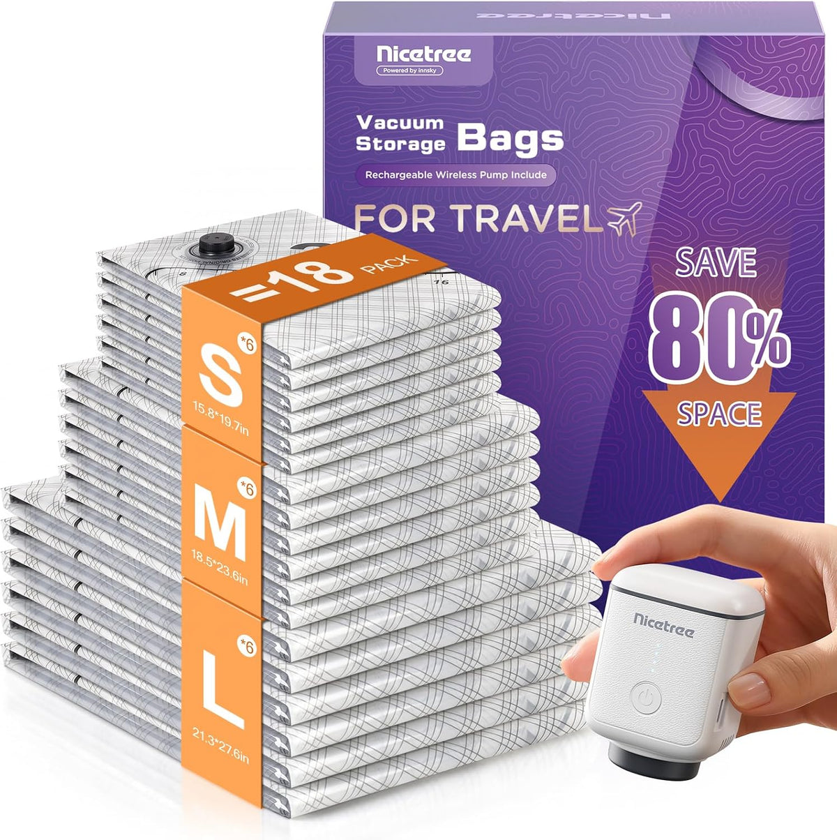 Nicetree 18 Pack Vacuum Storage Bags for Travel with Rechargeable Pump