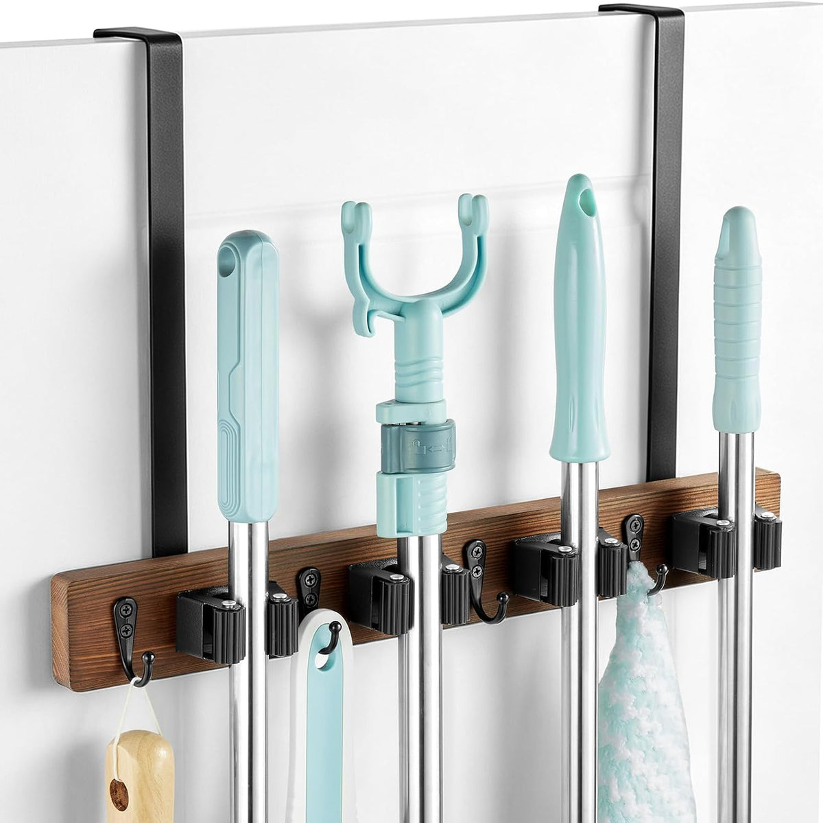 Over the Door Broom and Mop Holder, Wood Broom Hanger Organizer with 4 Slots and 4 Hooks, No Drilling Door Mount Tool Rack for Laundry Room, Garage, Closet, Kitchen, Rustic Cleaning Tool Storage