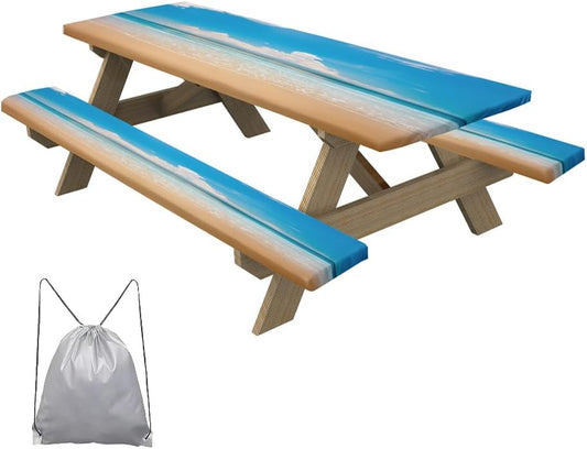 Summer Beach Picnic Table Cover with Bench Covers Blue Ocean Fitted Rectangle Table Cover Outdoor Patio Camping Essentials 72 Inch 3PCS, Camping Fitted Tablecloth with Drawstring Bag