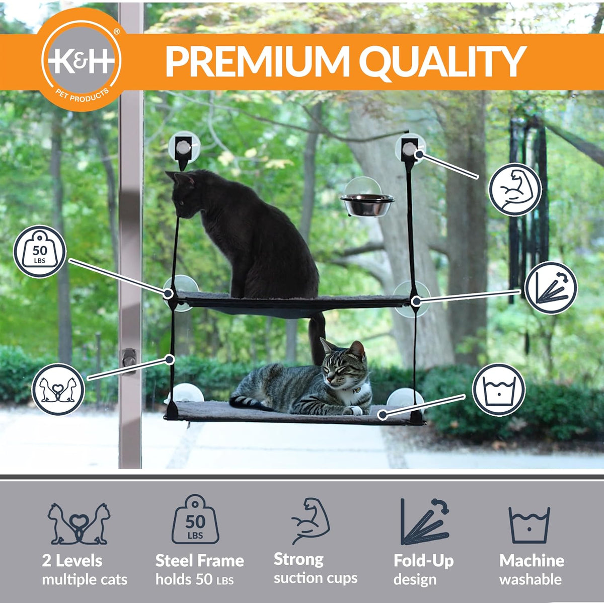 K&H Cat Window Perch, EZ Mount Double Stack Kitty Sill for Large Cats, Gray