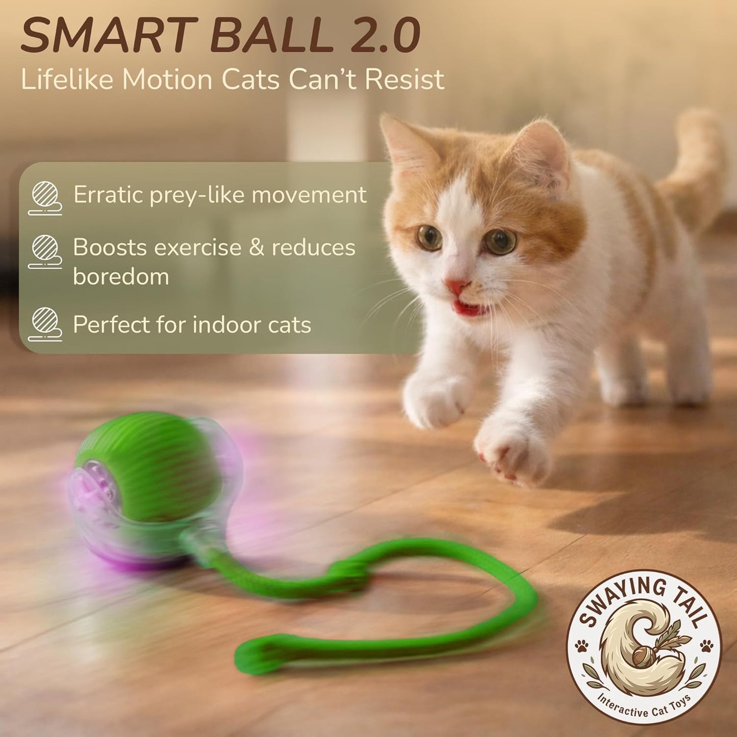 Rechargeable Smart Ball 2.0 Automatic Cat Toy - Interactive Cat Toys for Indoor Cats - Motion Activated Moving Cat Ball Toy, Self Rolling Interactive Dog Toys for Small Dogs with 3 Speed Modes [Green]