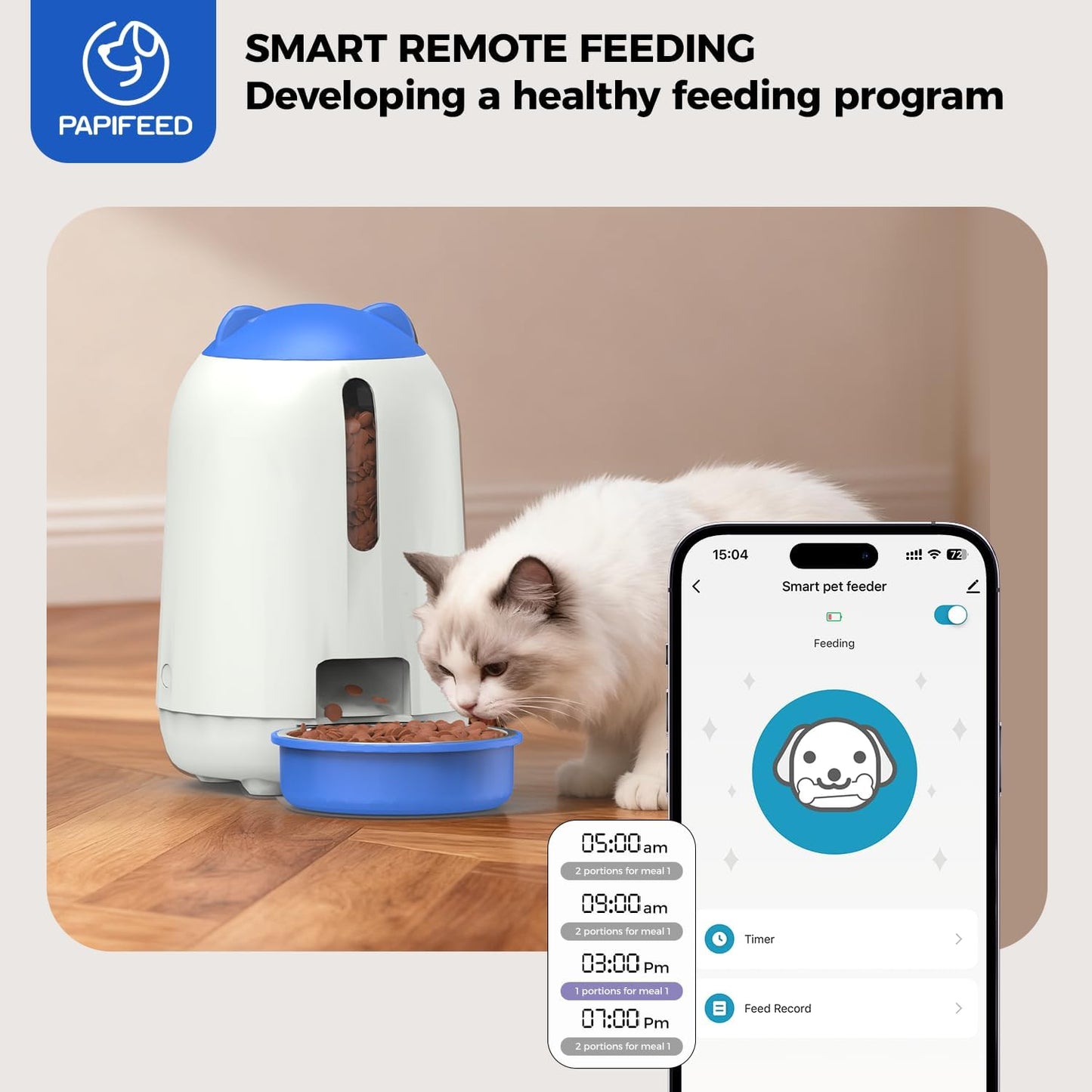 PAPIFEED Automatic Cat Feeder with App, 2.4G Wifi Cat Food Dispenser, 3L Timed Cat Feeders for Dry Food, 10 Meals/Day, 6 Portions/Meal, Dual Power Supply Smart Pet Feeder for Cat, Blue