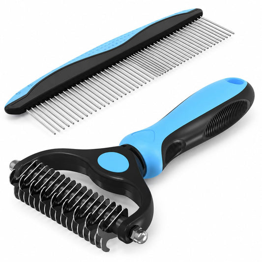 2 Pack Pet Deshedding Brush & Metal Comb, Detangling & Dematting Tool for Long Matted Fur on Cats and Dogs (Blue)