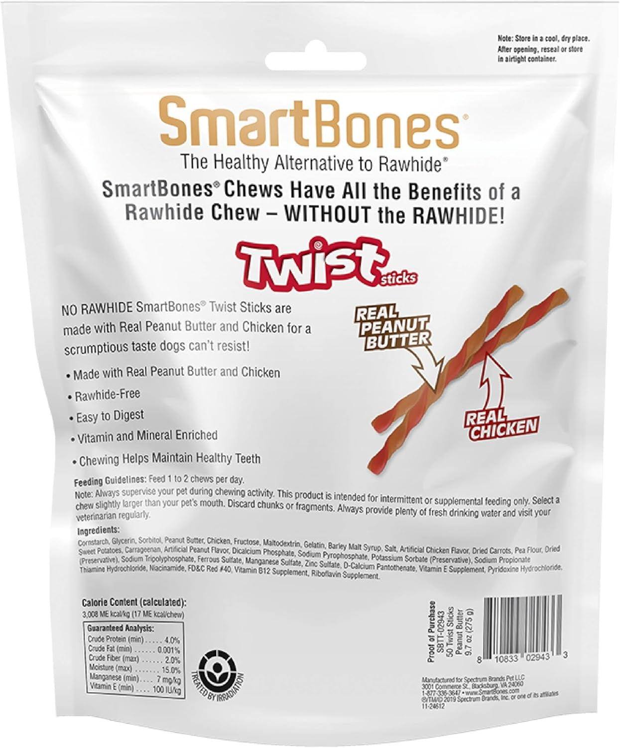 Smartbones Smart Twist Sticks with Peanut Butter, Rawhide-Free Chews for Dogs, 50 Count