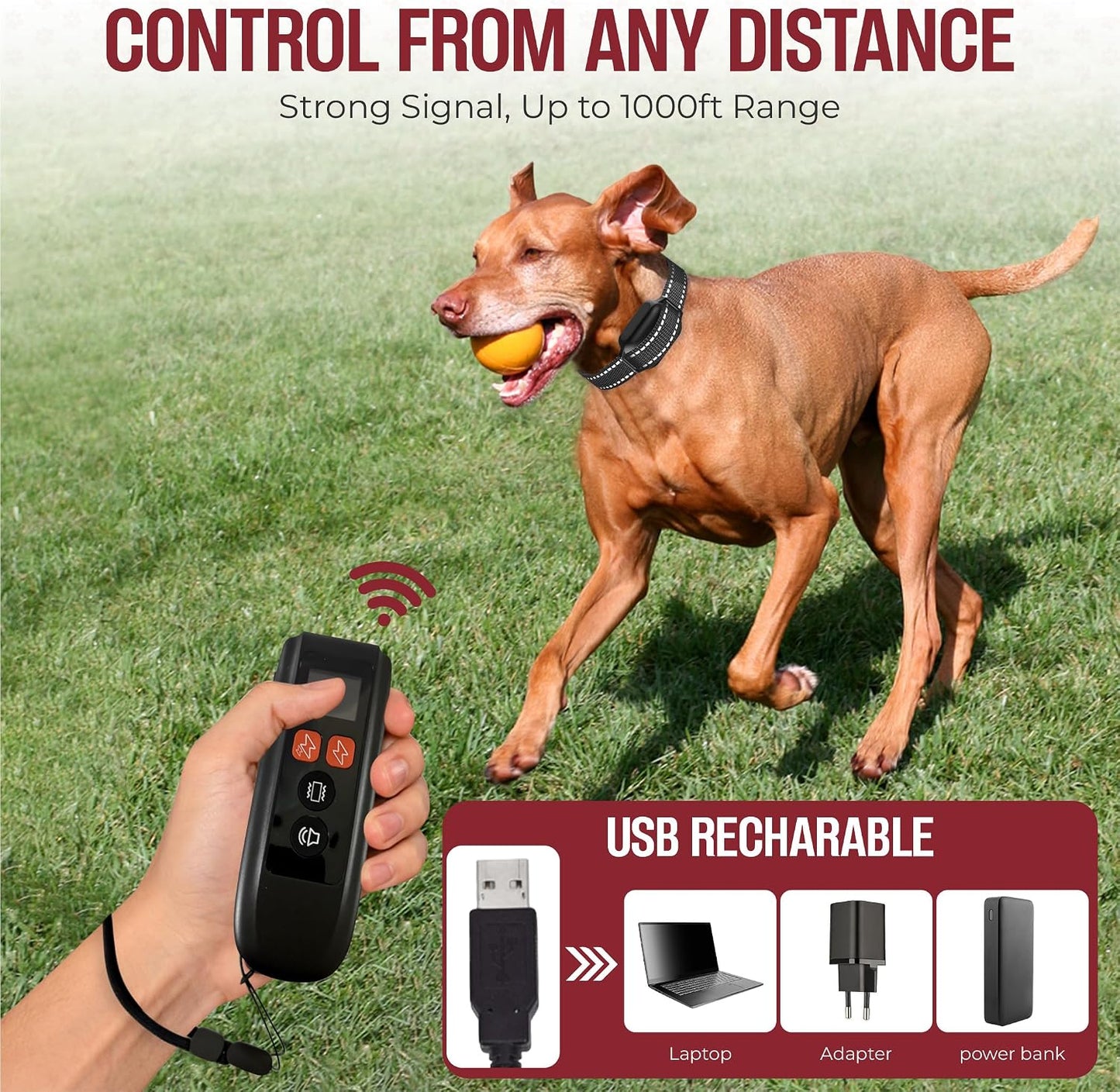 Dog Training Collar with Remote – Beep & Vibration Modes – Adjustable Levels, Waterproof Receiver, Rechargeable Training Collar for Small, Medium & Large Dogs – up to 1000-3300FT of Range
