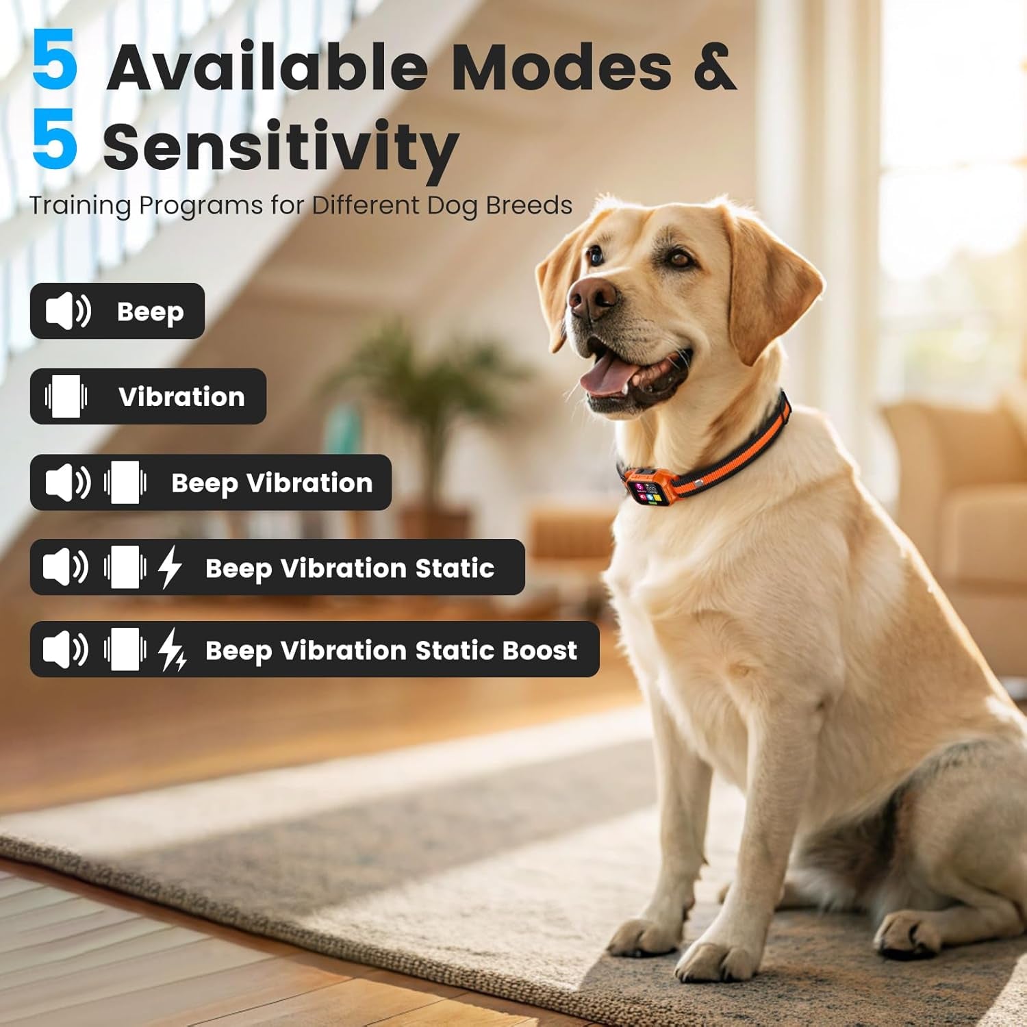 Smart Dog Bark Collar - anti Barking Device for Large Medium Small Dogs, Stop Excessive Barking & Aggression Behavior, with 5 Modes & 5 Sensitivity, IP67 Waterproof for Indoor/Outdoor Use, Orange