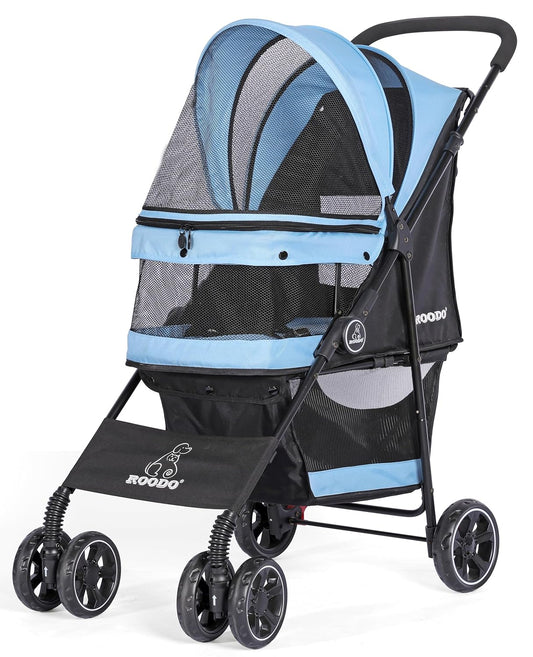 ROODO 4 Wheel Dog Cat Pet Stroller Best Lightweight Foldable Compact Portable Jogger All Terrain Travel Pet Gear Puppy Doggie Bunny Kitty Stroller for up to 30Lbs Medium Small Dogs Cats(Sky Blue)
