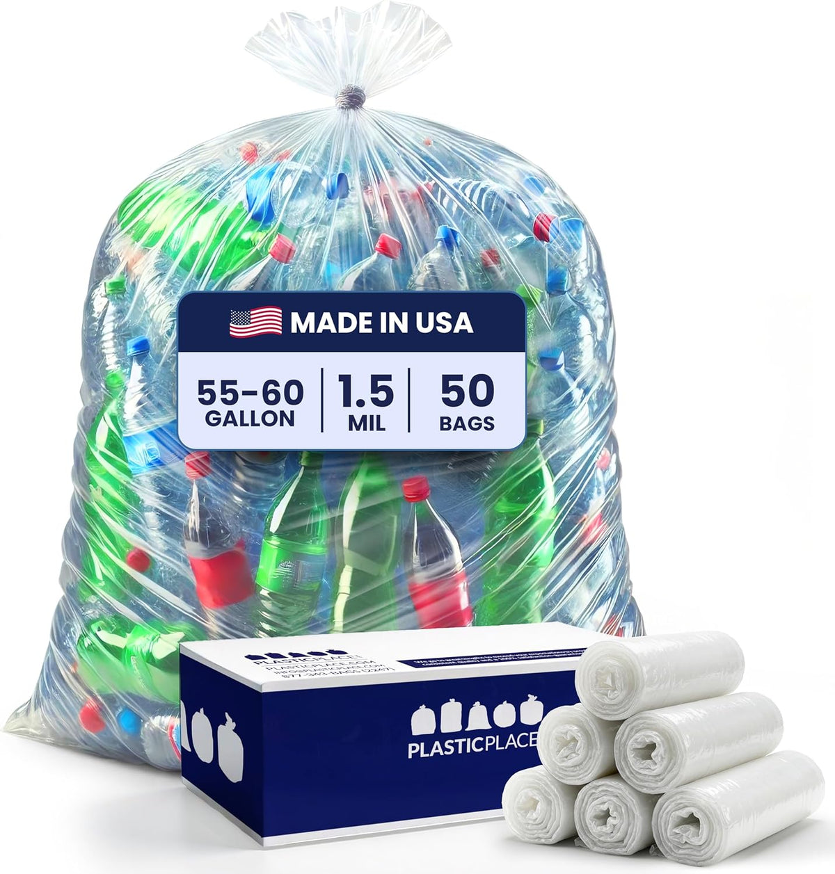 Plasticplace Heavy Duty 55-60 Gallon Trash Bags – Clear Garbage Can Liners (38” X 58”) – Durable Multiuse, Puncture-Resistant, 50 Count – Ideal for Kitchens, Warehouses and Recycling Trashbags 1.5 Mil