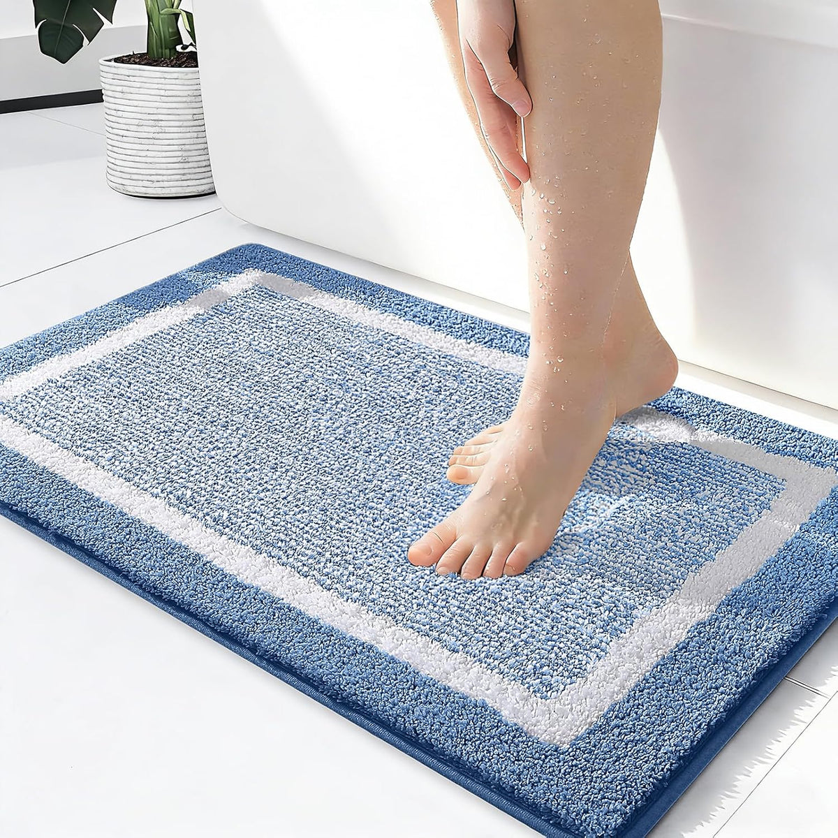 OLANLY Small Bathroom Rugs 24X16, Soft Absorbent Microfiber Bath Rugs, Blue