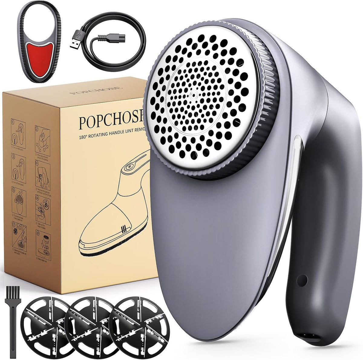 POPCHOSE Fabric Shaver, 6-Leaf Blades & Electrostatic Brush, Rechargeable