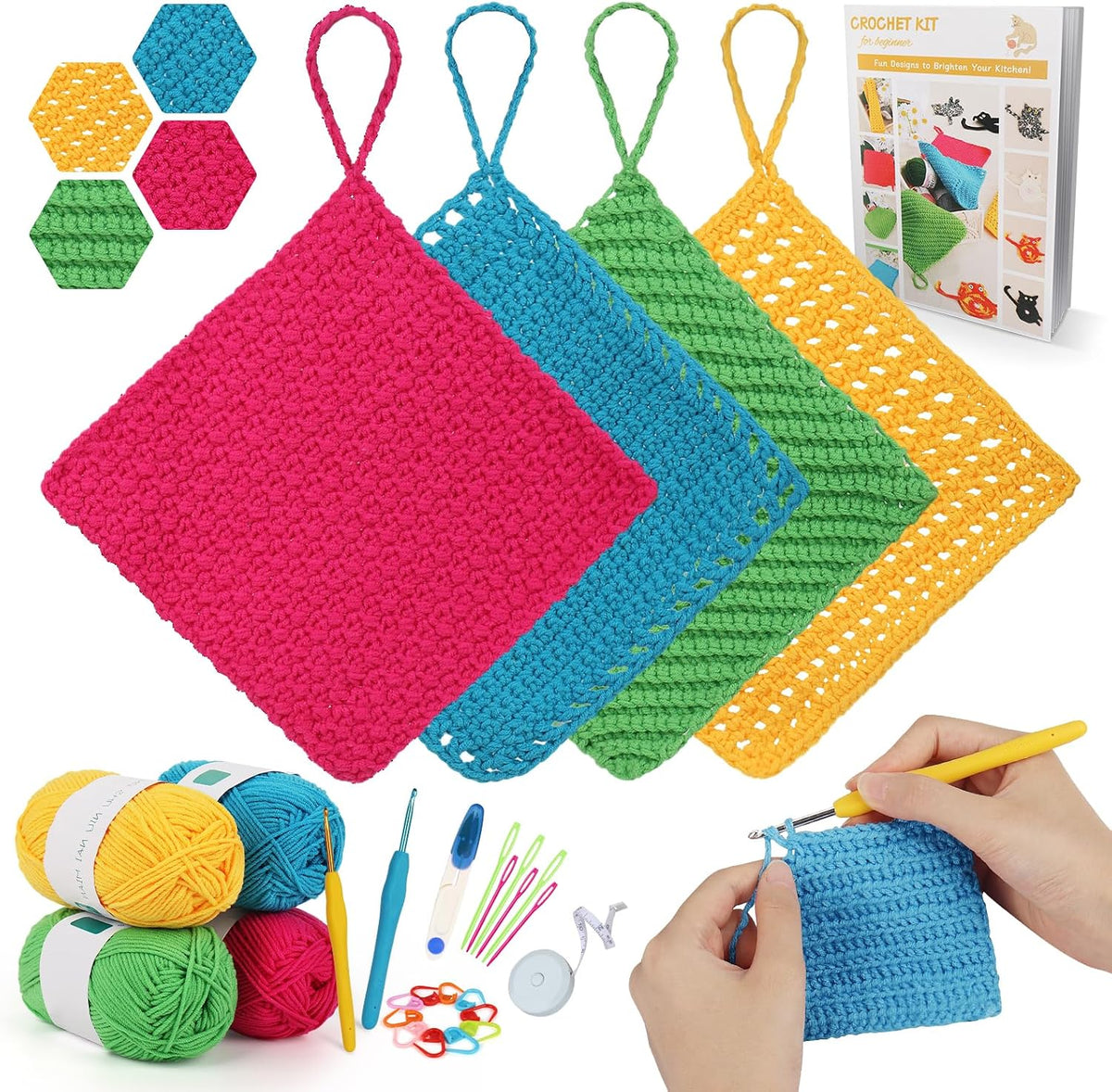Katech Crochet Kit for Beginners, Dishcloth Crochet Starter Kit for Adults