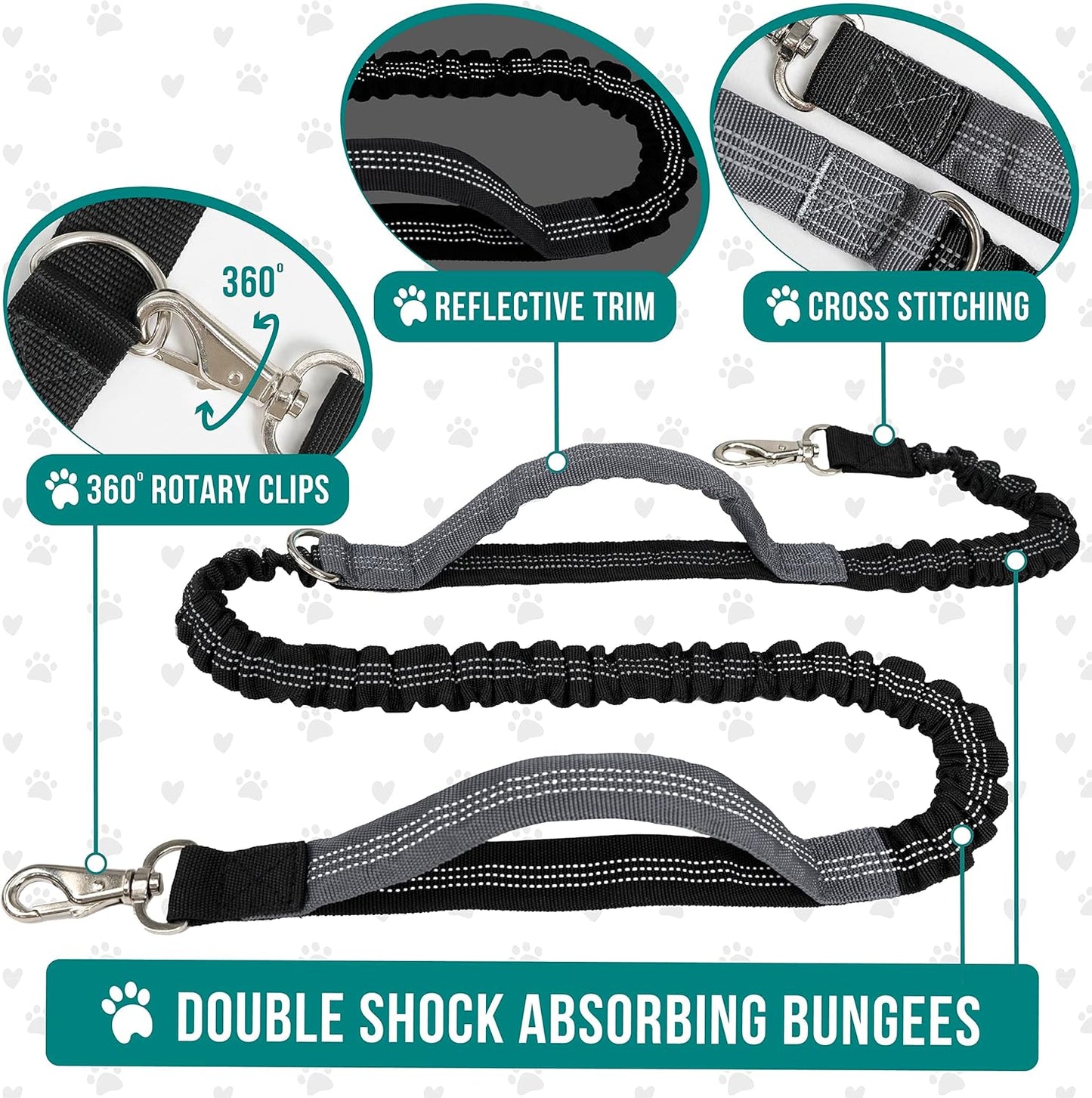 Petami Hands Free Dog Leash, Dog Running Leash Belt Bag for Walking, Jogging, Dog Waist Double Zipper Pouch with Poop Bag Dispenser, Dual Padded Handles Reflective Bungee Leash, Double (Black)