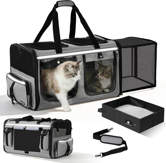 Expandable Extra Large Cat Carrier for 2 Cats with Litter Box
