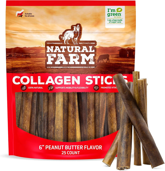 Natural Farm Peanut Butter Flavor Collagen Sticks for Dogs (6 Inch, 25 Count), Long-Lasting Beef Collagen Sticks, Rawhide Alternative Chews with Chondroitin & Glucosamine, Low-Fat Dental Treats