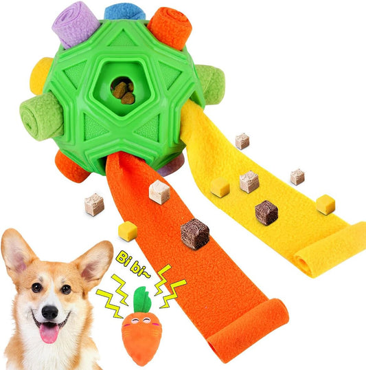 Dog Snuffle Ball-Interactive Puzzle Dog Toys Encourage Natural Foraging Skills Slow Feeder for Training and Stress Relief, Cloth Strip Hiding Food Dog Toys with Squeaky Carrot Toy for Any Size