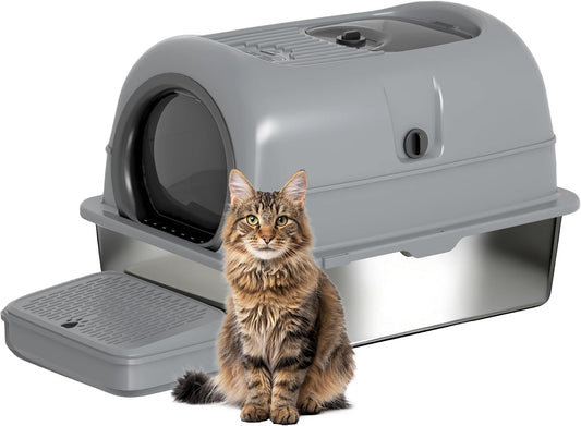 Low Entry High Sided Large Enclosed Cat Litter Box, Stainless Steel Litter Pan with Lid, 3-In-1 Covered Design with Pedal, 23.6X16X15.8 Inch, for Senior Kittens & Multiple Cats（Dark Gray）