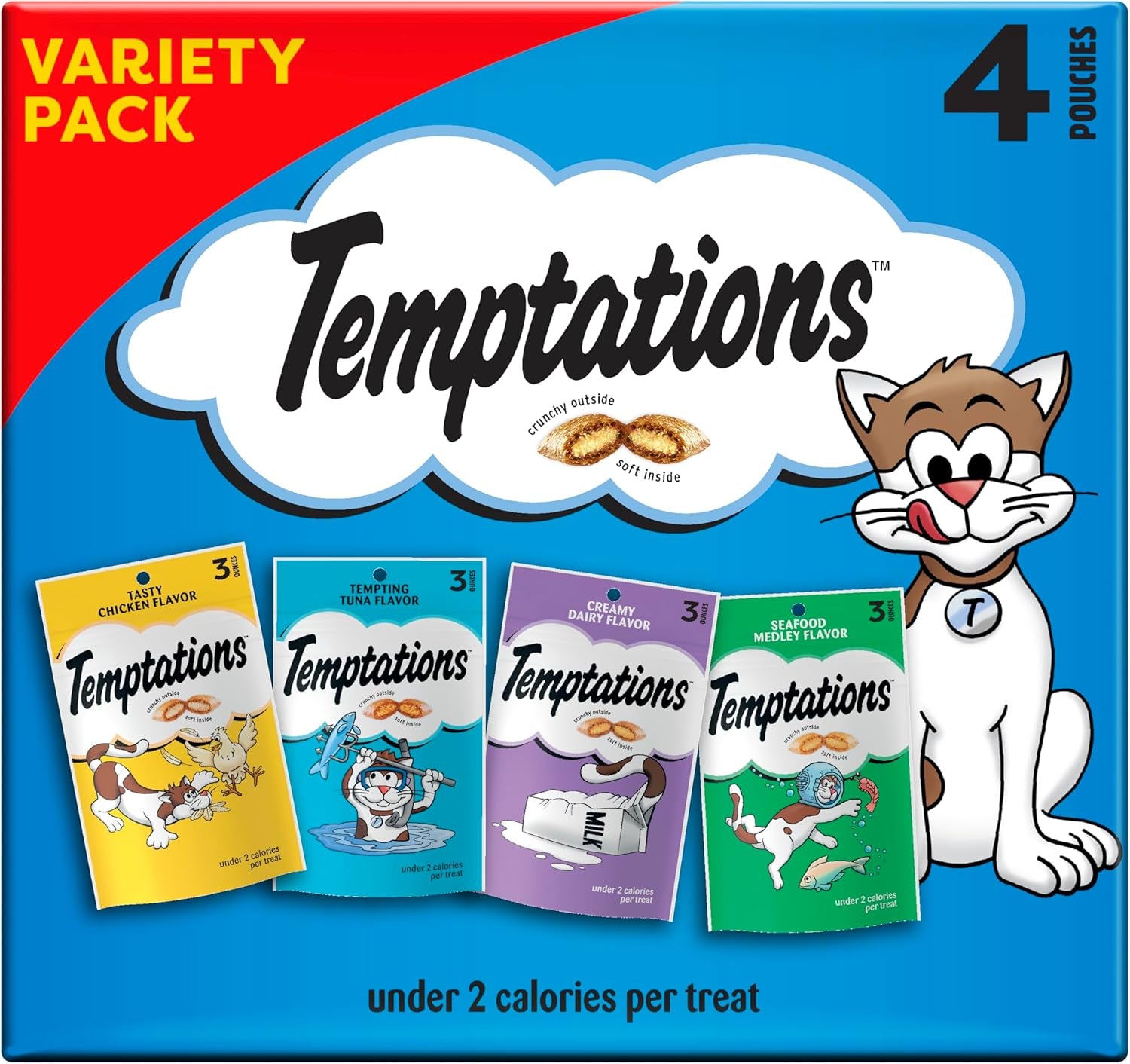 Temptations Classic Crunchy and Soft Cat Treats Feline Favorites Variety Pack, 3 Oz. Pouches (Pack of 4)