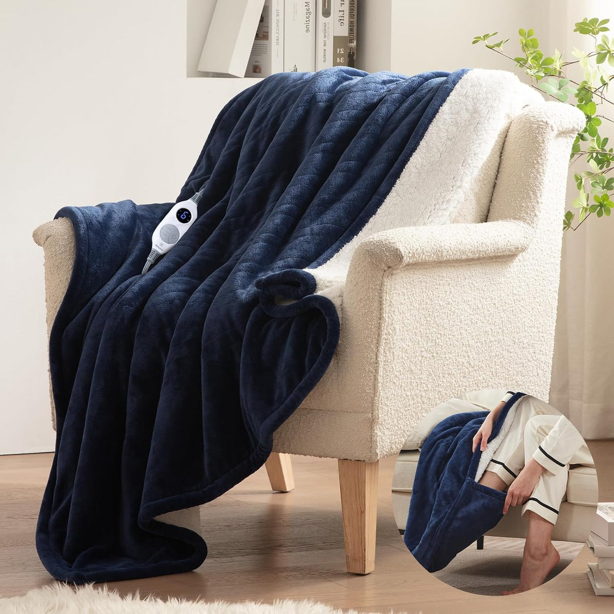 Westinghouse Electric Throw Blanket with Foot Pocket, 50X62 Navy Blue