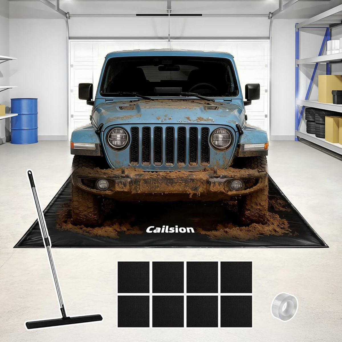 7'9"X18' Garage Floor Mat, Heavy Duty Containment Mat with a Squeegee Waterproof PVC Non-Slip Durable Protection from Snow, Rain and Mud, for Cars Suvs Trucks Parking Garages, Black