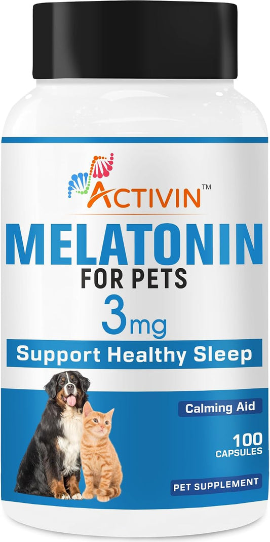 Melatonin 3 Mg for Dogs | Calming Aid | Supports Sleep/Wake Cycles |Helps Reduce Stress in Dogs and Cats | 100 Capsules