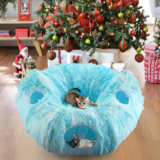Cat Tunnel Bed, 3-In-1 Collapsible Cat Tube with Removable Washable Cushion, Multi-Shape (U/S/Half-Round) Playhouse with Peekaboo Holes, Hanging Balls & Cat Ears for Cats, Small Dogs, Rabbits