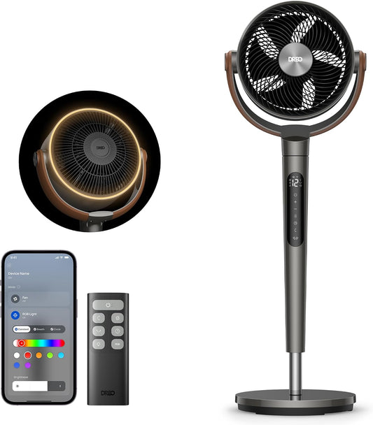 DREO Smart Fan for Bedroom with RGB Light, 150°+120° Omni-Directional Oscillating, Quiet Fan, 100Ft Air Circulator Pedestal Fan, 12 Speeds, 6 Modes, 37-42'' Height, Wi-Fi/Voice/Alexa, Grey