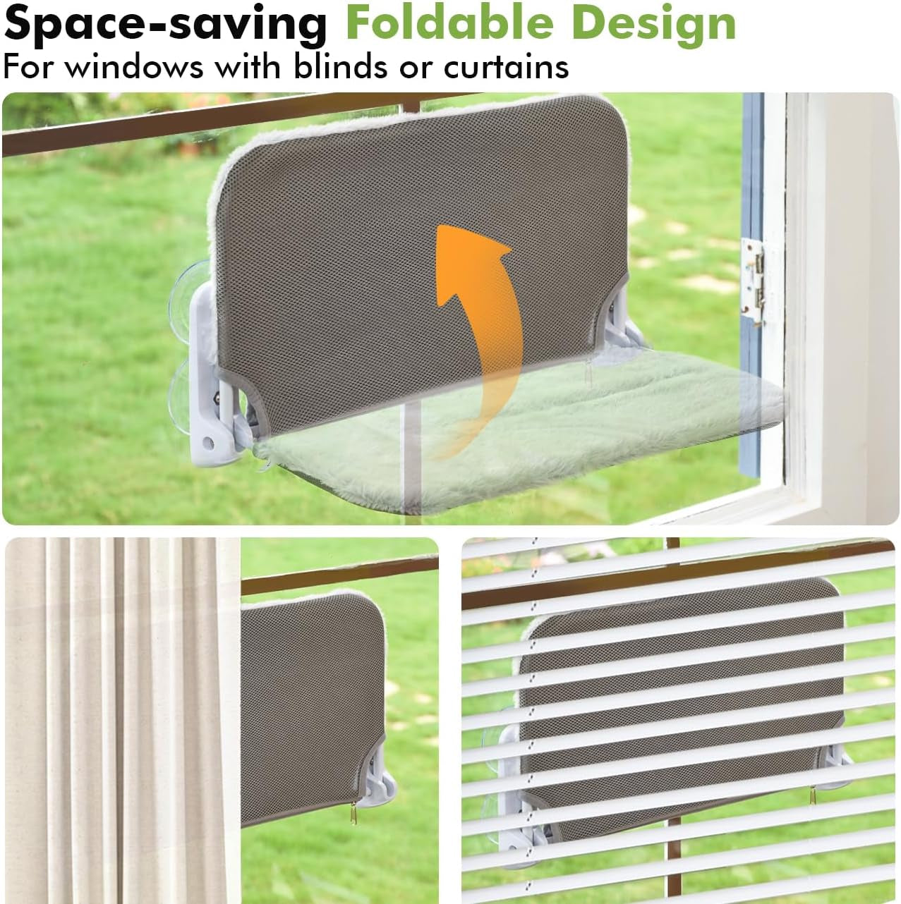 Zoratoo 2PC Cat Window Perch Cordless Foldable Cat Hammock Bed for Window with Metal Frame and Reversible Cover, Large Suction Cups Window Resting Seat for Indoor Cats (Cat Bed, M-2PC)