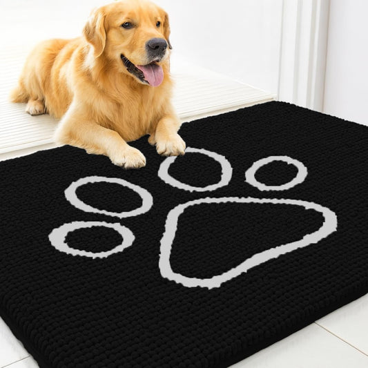 MUDGUARD MAT® Dog Door Mat with Paw Design for Muddy Paws, Super Absorbent Microfiber, Non-Slip Indoor Mat, Quick-Dry Chenille Rug for Pets & Entryway, Machine Washable, Black 19" X 30"