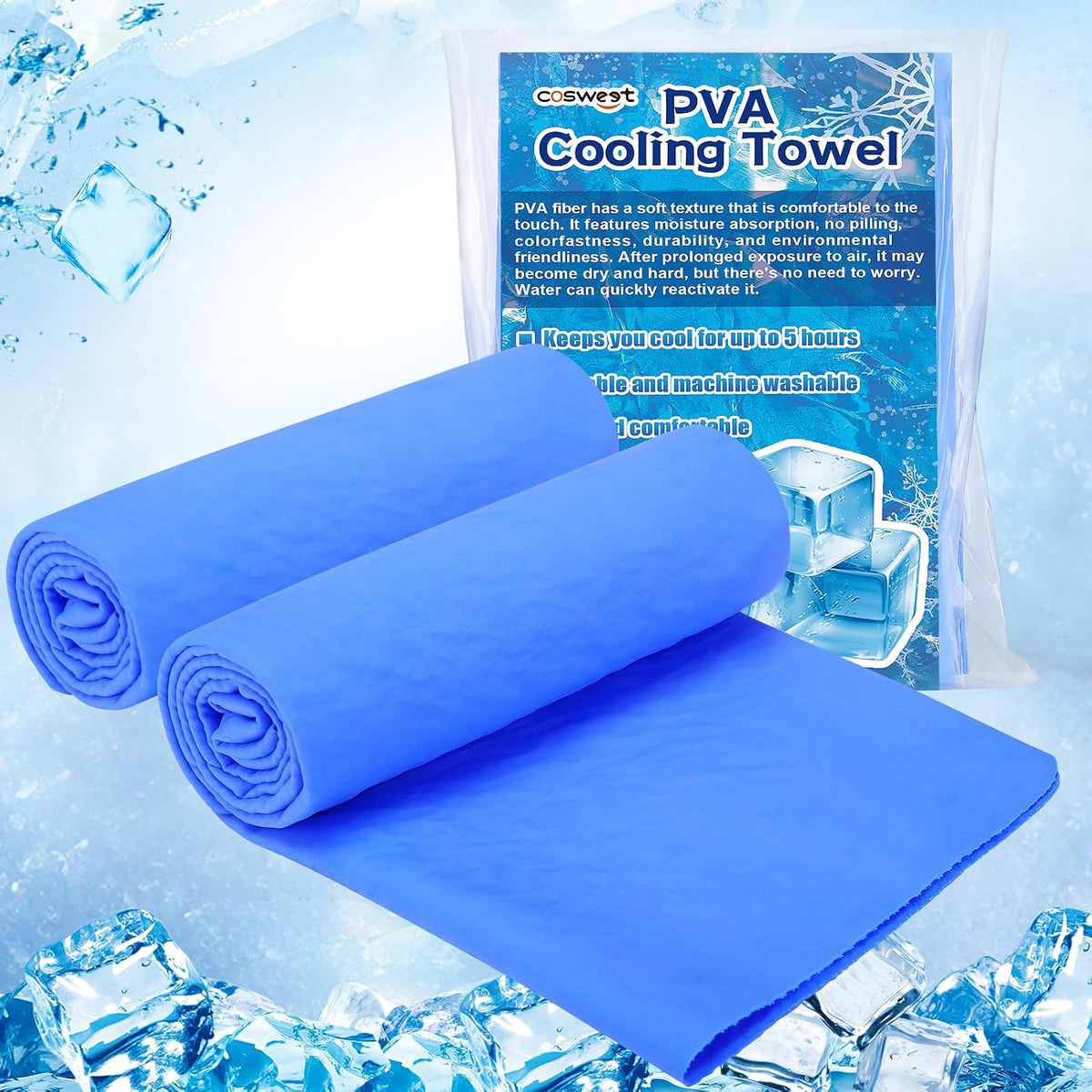 Cosweet 2 Pcs PVA Cooling Towels, Lasts 5 Hours for Neck and Face, Blue