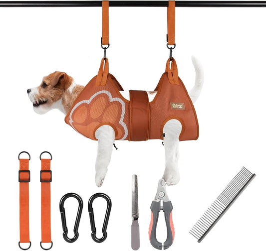Paws N' Cradle Dog Grooming Hammock Harness for Dogs & Cats-Complete Kit with Adjustable Leg Fittings, Comb, Nail Clipper, File, Hook & Loop Strap, Adjustable Hanging Straps & Snap Hooks (Extra Large)