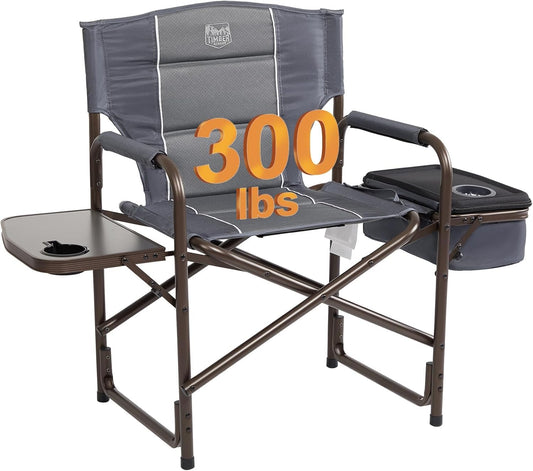 TIMBER RIDGE Lightweight Camping Chair, Portable Laurel Director'S Chair with Foldable Side Table, Cooler Bag & Mesh Pocket, Compact Outdoor Folding Lawn Chair, Supports 300Lbs, Grey
